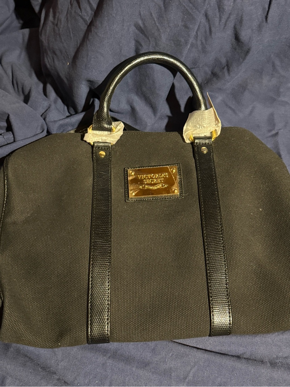 Victoria's Secret Black Canvas Duffel with Gold Plate
